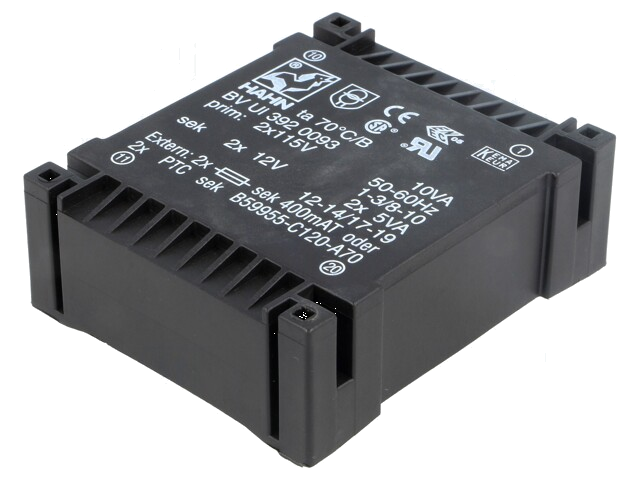 Transformator: ingegoten; 10VA; 115VACx2; 12V; 12V; 416mA; 416mA Transformator: ingegoten; 10VA; 115VACx2; 12V; 12V; 416mA; 416mA
